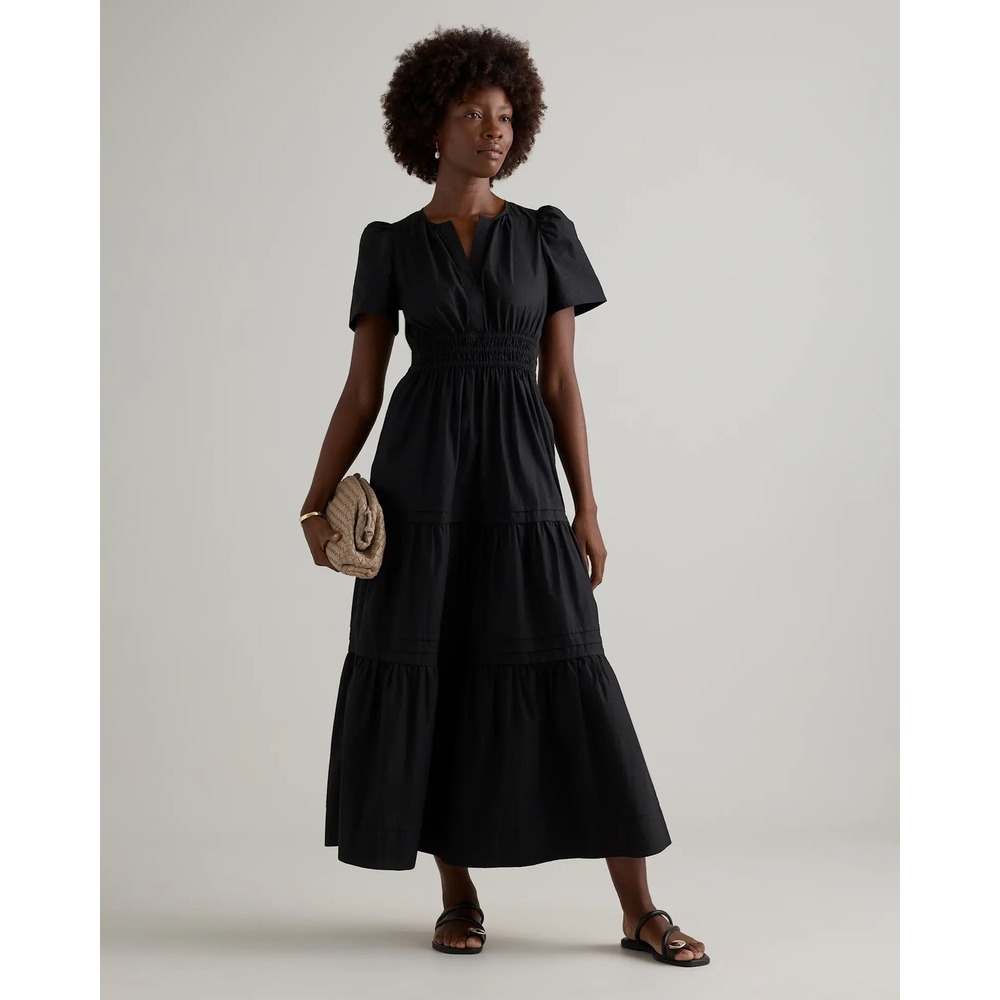 Quince Organic Cotton Poplin Tiered Maxi Dress Black XL NWT Puff Sleeve Smocked